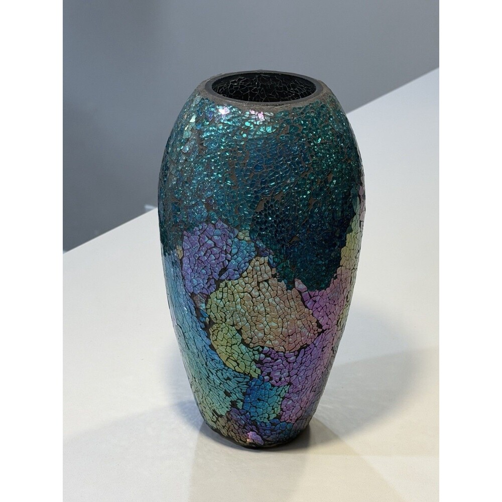 12” Iridescent Mosaic Decorative Vase Teal Multicolor Floral Home Decor